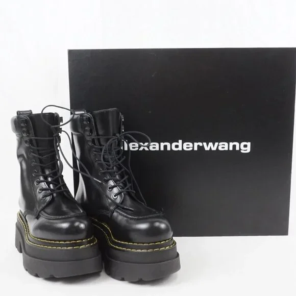 Alexander Wang Atlas Leather Lace-Up Platform Combat Rugged Boots in Black - Picture 2 of 16